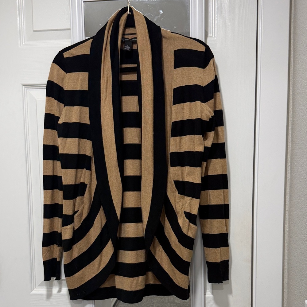 INC International Concepts Black & Tan Striped Open-Front Cardigan